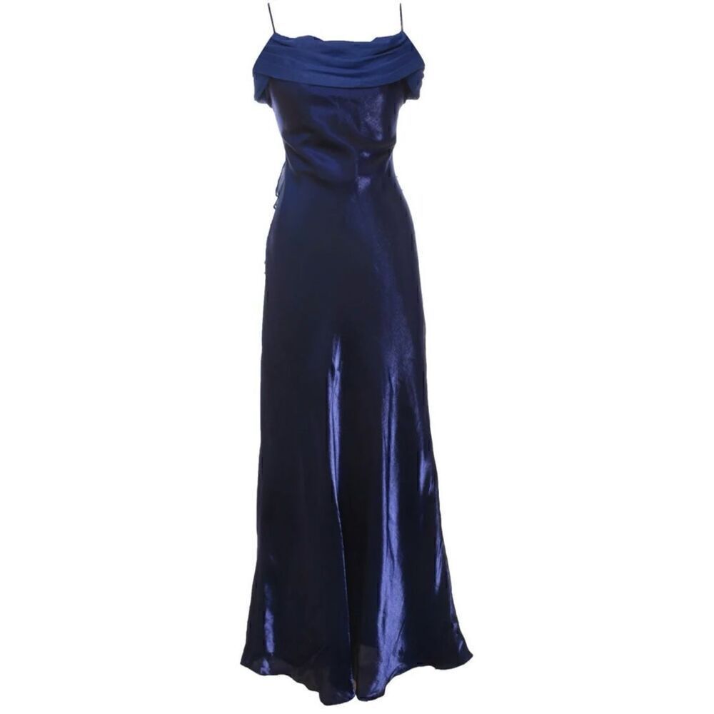 Dave & Johnny Women’s Liquid Midnight Blue Drape Cowl Neck Beaded Strap Maxi Gow